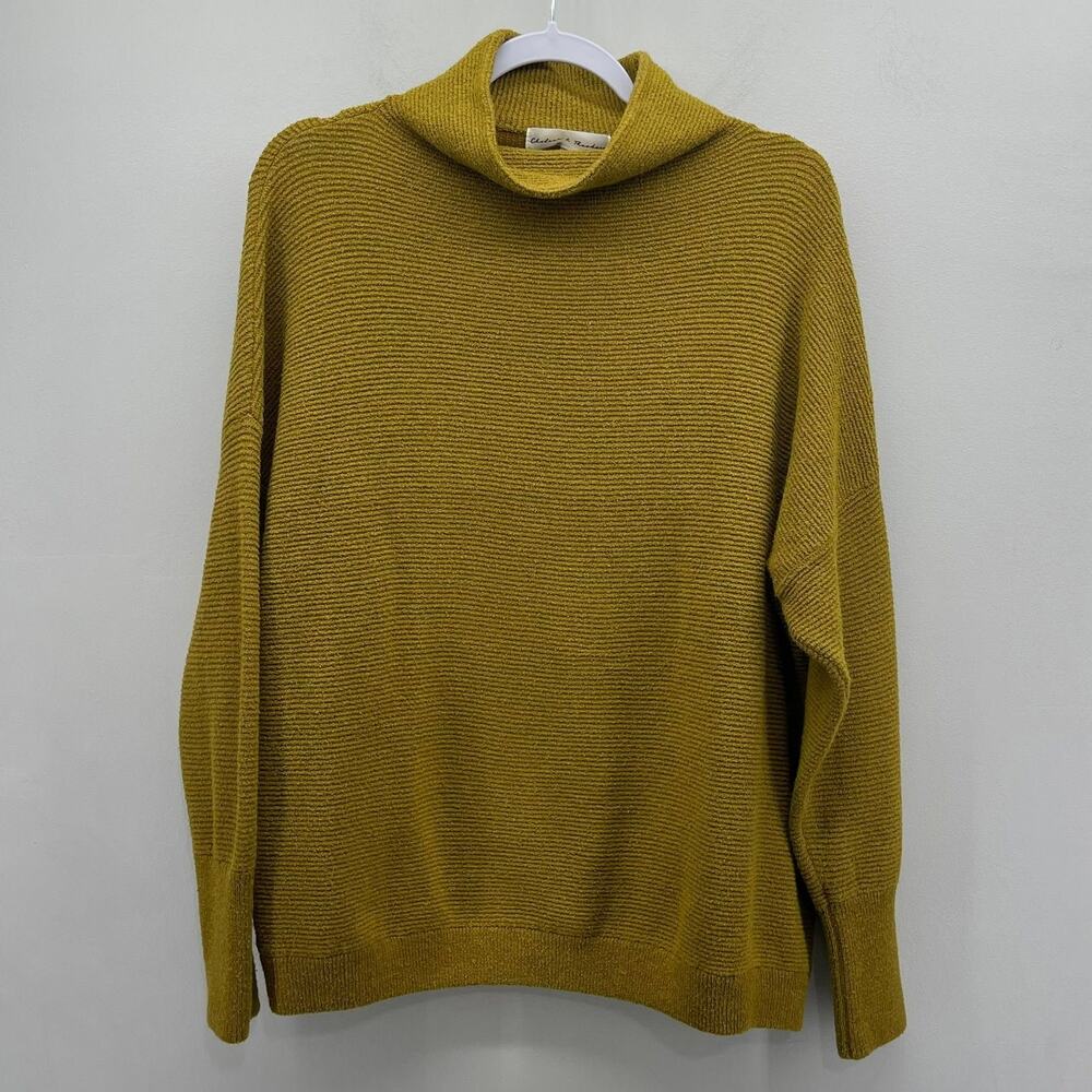 Chelsea & Theodore Ribbed Mock Neck Sweater Womens Large Green Gold Boho Earthy